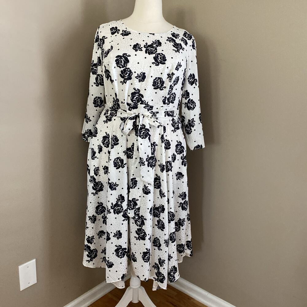 Lane Bryant White Black Floral 3/4 Sleeve Midi Pockets Fishtail Dress Size 20
